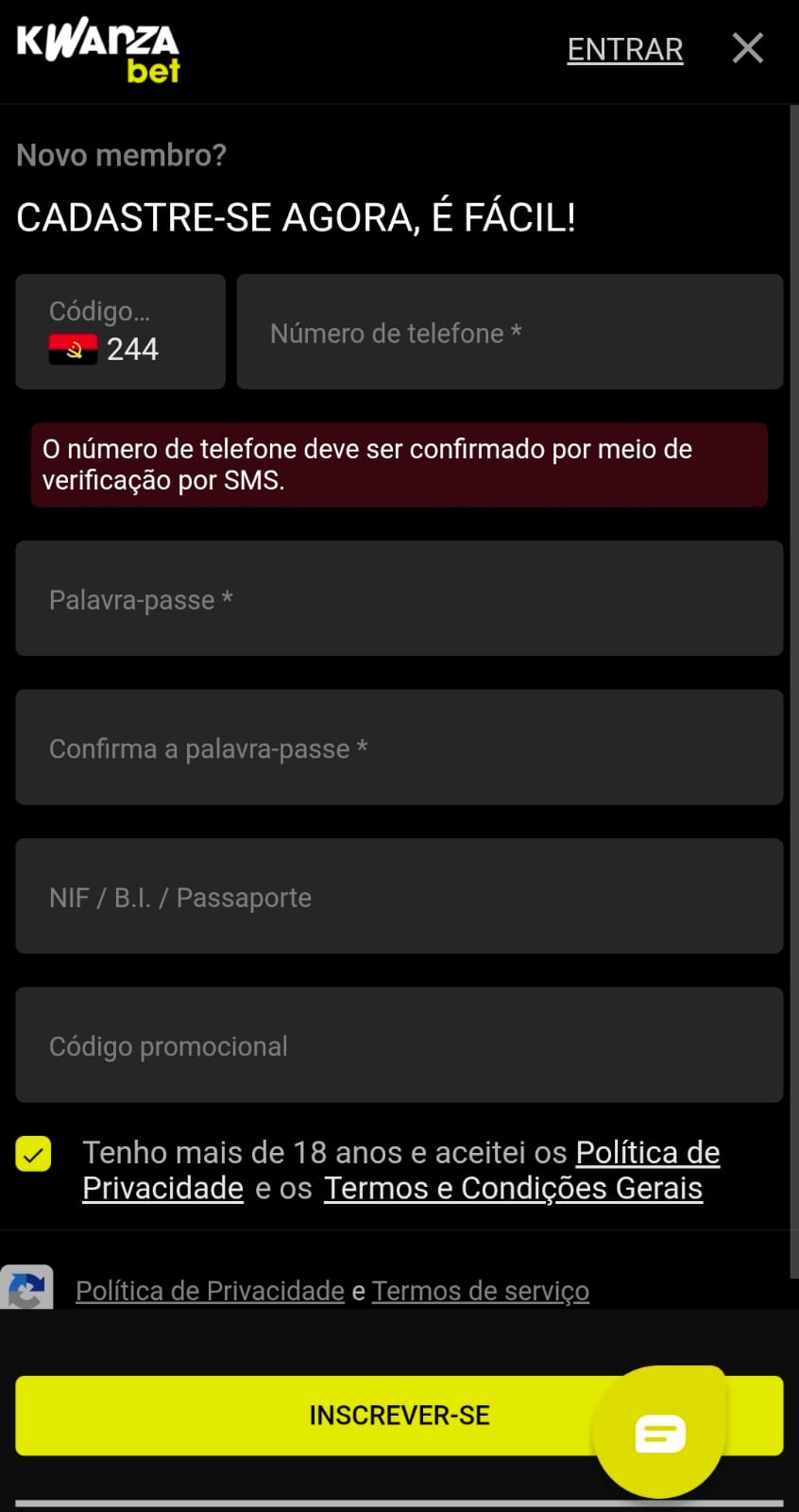 Formulário de registo KwanzaBet Angola